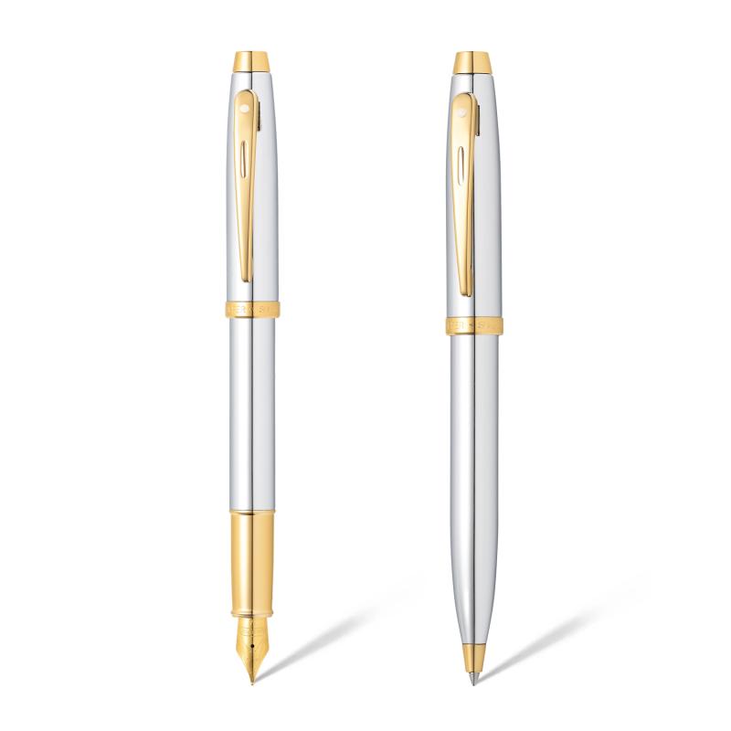 Sheaffer Gift Set 100 9340 Fountain Pen (M) and Rollerball Pen Bright Chrome with Gold Trims - Set of 2 Pens