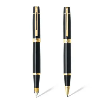 Sheaffer Gift Set 300 9325 Fountain Pen (M) and Rollerball Pen Glossy Black and Gold Trims - Set of 2 Pens