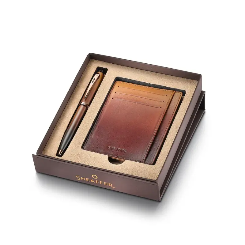 Sheaffer Gift Set 100 9374 Coffee Edition Ballpoint Pen with Regal Brown PVD Trims and Credit Card Holder - Matt Brown