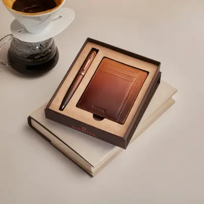 Sheaffer Gift Set 100 9374 Coffee Edition Ballpoint Pen with Regal Brown PVD Trims and Credit Card Holder - Matt Brown