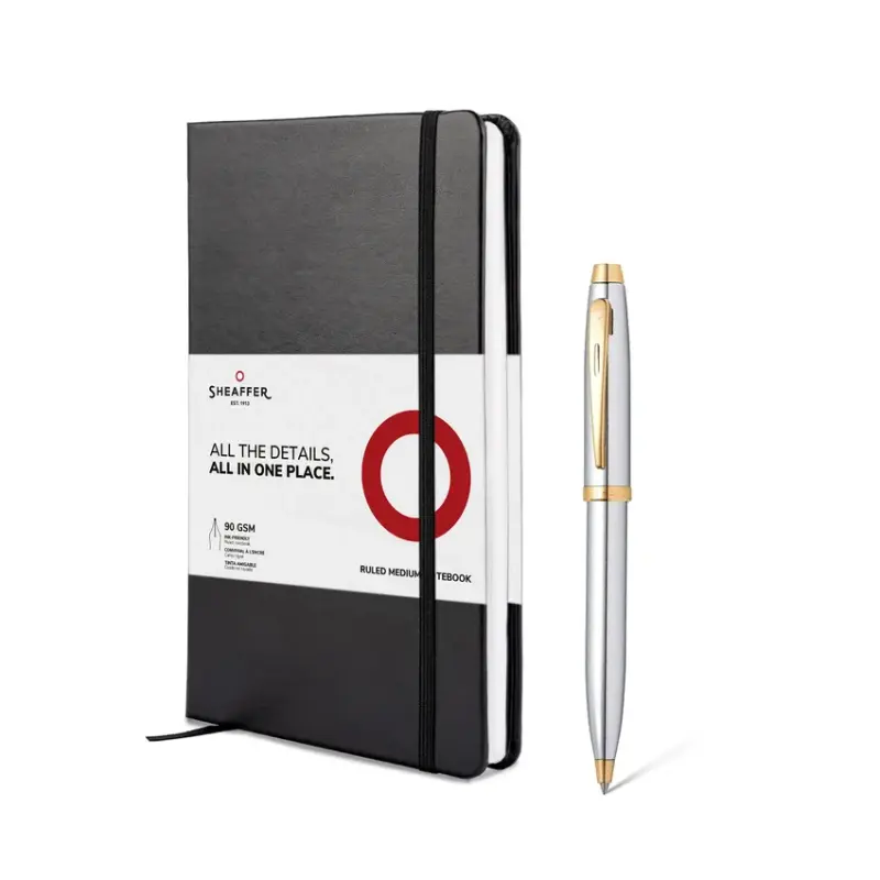 Sheaffer Gift Set 100 9340 Ballpoint Pen with Medium Notebook Bright chrome with Gold Trims