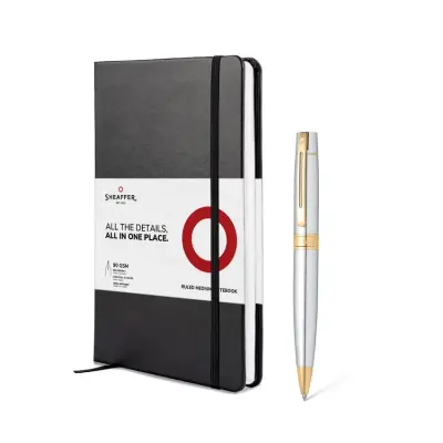 Sheaffer Gift Set 300 9342 Ballpoint Pen with Medium Notebook Bright Chrome with Gold Trims